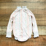 Sun House Children’s Pink/Floral Pattern Striped Smocked Ruffle Long Sleeve One Piece- Size 4 (see notes)