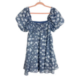 Storia Blue and White Floral Puff Sleeve Dress- Size M