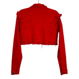 Pretty Little Thing Red Denim Ruffle Raw Hem Cropped Jacket- Size 6 (see notes, sold out online, we have matching skirt)