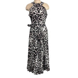 Phase Eight Black/White/Gray Animal Print with Twist Halter Top and Pleated Skirt Belted Maxi Dress- Size UK 16/US 12 (see notes)
