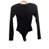 Babaton Black Ribbed Long Sleeve Thong Bodysuit- Size S