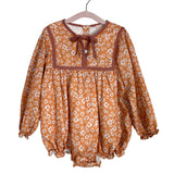 Smockingbird Mustard with White Floral Print and Brown Trim/Bow Bubble- Size 2T (see notes)