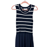 Evereve Deep Navy and White Sleeveless Knit Bodice with Satin Slit Skirt Dress- Size M
