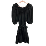 Lanhtropy Black Linen Balloon Sleeve Belted Dress- One Size