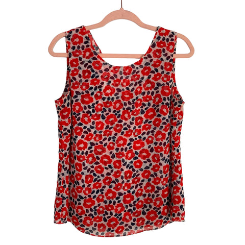 Cabi White/Red/Black Floral Print with Back Ruffle V-Neck Sleeveless Top- Size S (see notes)