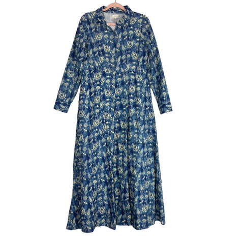 Livro Blue and Cream Floral Printed Hidden Button Front Dress- Size M