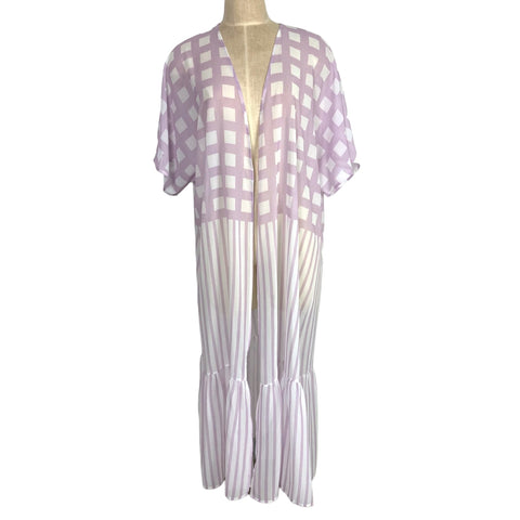 Pink Lily Purple/White Checkered and Striped Sheer Kimono- Size S