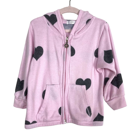 Cozii Pink with Black Hearts Zip Up Hooded Sweatshirt- Size 12-18M