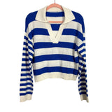 No Brand Blue/White Stripes Collared V-Neck Sweater- Size S