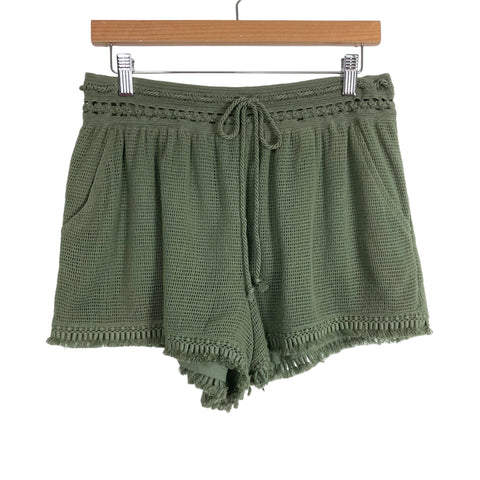 Aerie Army Green Crochet with Tassels Lined Drawstring Shorts- Size M
