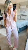 Ekouaer Pink with White Piping Trim Button Up Top and Pajama Pants Set NWT- Size S (sold as a set)