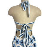 Show Me Your Mumu Cream and Blue Crochet Lined Back Tie Halter Mini Dress- Size M