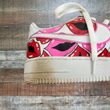 Pre-Owned Nike Air Force 1 White Lipstick Kiss Design Sneakers with Red and Pink Laces- Size 6Y (see notes)