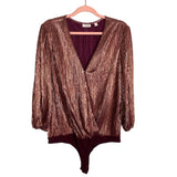 Eva Mendes x New York & Company Maroon Shimmer Textured Surplice Bodysuit-Size L