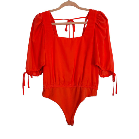 Lovers + Friends Orange Sheer Tie Sleeve Deep V Tie Back Thong Bodysuit NWOT- Size S