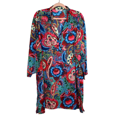 Natori Vibrant Paisley Print Satin Split Hem Dress- Size XL