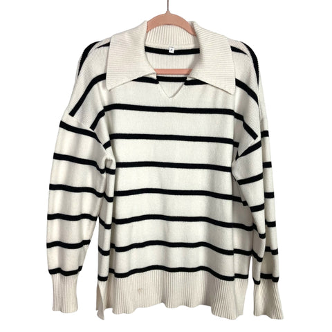 No Brand White/Black Striped Collared Tunic Sweater-Size XL (see notes)