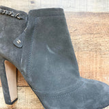 Pre-Owned Chanel Dark Gray Glitter Suede with Chain Trim Booties- Size 40 (see notes)