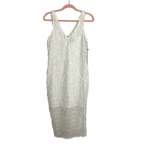 SAYLOR White Sequin Fringe Mesh Overlay with Side Slit Dress NWT- Size – The Saved Collection SAYLOR White Sequin Fringe Mesh Overlay with Side Slit Dress NWT- Size – The Saved Collection