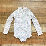 Sun House Children's Red Flowers/Gray Stripes Smocked Ruffle Long Sleeve One Piece- Size 4