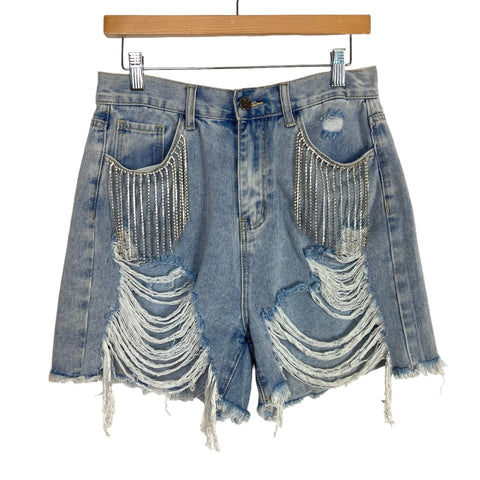 Buddy Love Light Wash Elvis Rhinestone Fringe Shorts NWT- Size M