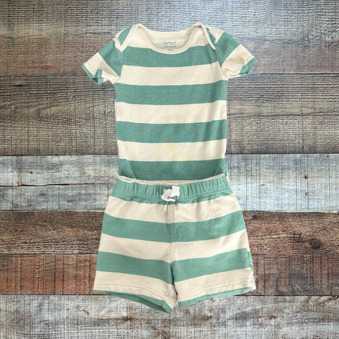 Carter's Green and Cream Striped Two Piece Short Set- Size 18M
