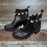 Steve Madden Black Chunky Boots with Velcro Rhinestone Strap- Size 8.5 (LIKE NEW)