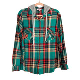P.S Love Teal/Red/Black Plaid Flannel with Removable Hood Button Up- Size S