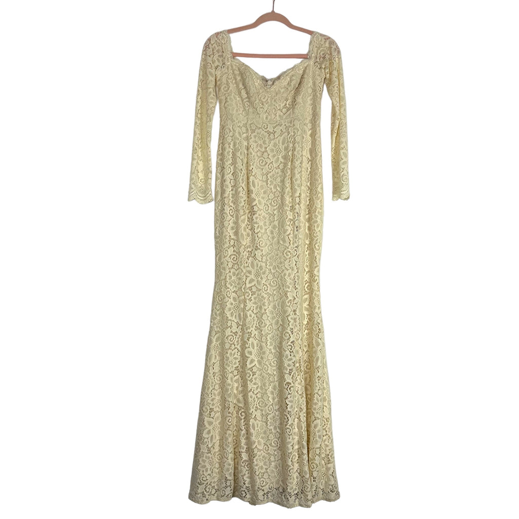 Maniju Cream Lace Off the Shoulder Long Sleeve Maternity Dress- Size S The Saved Collection Maniju Cream Lace Off the Shoulder Long Sleeve Maternity Dress- Size S The Saved Collection