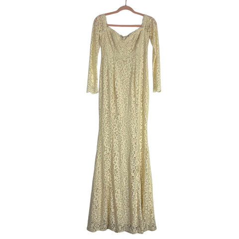 Maniju Cream Lace Off the Shoulder Long Sleeve Maternity Dress- Size S The Saved Collection Maniju Cream Lace Off the Shoulder Long Sleeve Maternity Dress- Size S The Saved Collection