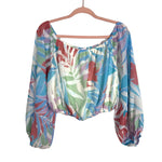 Pink Lily Coral/Blue/Green/Lavender Tropical Leaf Print Cropped Off the Shoulder Top and Maxi Skirt Set- Size M (sold as a set)