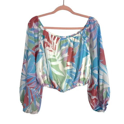 Pink Lily Coral/Blue/Green/Lavender Tropical Leaf Print Cropped Off the Shoulder Top and Maxi Skirt Set- Size M (sold as a set)