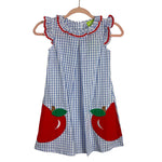 Classic Whimsy Blue Windowpane with Red Ric Rac Trim Apple Claire Dress NWT- Size 7 (sold out online)