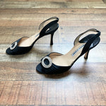 Manolo Blahnik Black Satin Rhinestone Charm Slinback Heels- Size 39 (see notes)