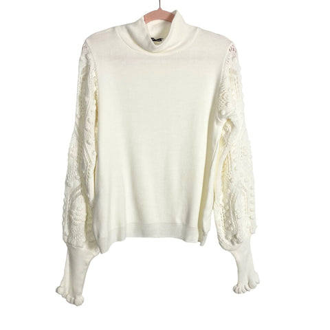 AQE Fashion Cream Mock Neck with Open Knit Ruffle Cuff Sleeves Sweater- Size S