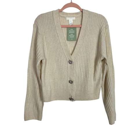 H&M Cream Ribbed Sweater Cardigan With Gem Buttons NWT - Size S