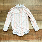 Sun House Children’s Pink/Floral Pattern Striped Smocked Ruffle Long Sleeve One Piece- Size 4 (see notes)