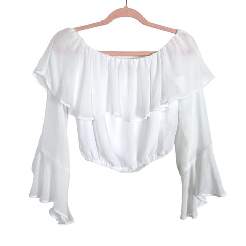 Show Me Your Mumu White Ruffle Bell Sleeve Cropped Top- Size S