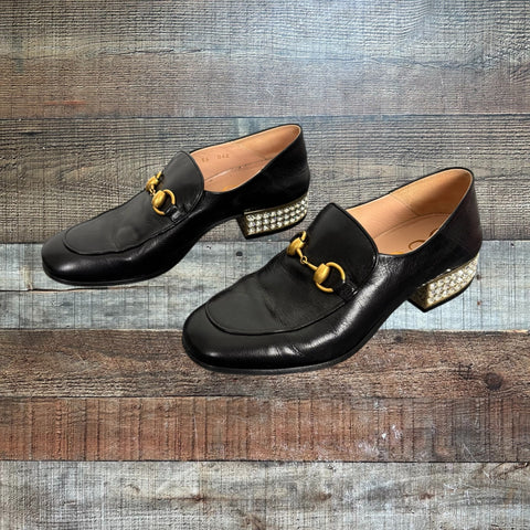 Pre-Owned Authentic GUCCI Black Studded Heeled Horse Bit Loafers- Size 36