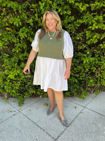 Eloquii Elements White Layered Look with Sage Sweater Vest Poplin Dress- Size 22/24 (sold out online)
