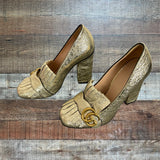 Gucci Gold Crinkle Leather Logo Block Heels- Size 36 (see notes)