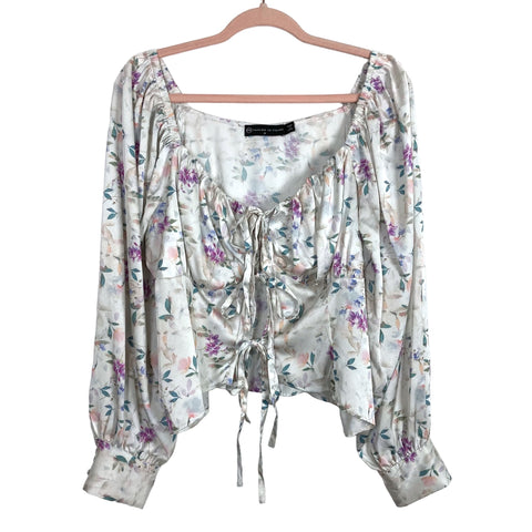 Fashion to Figure Floral Print Satin Off the Shoulder Front Tie Closure Top- Size 0/XL