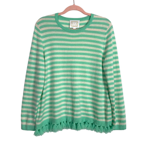 Sail to Sable Mint/Ivory Stripe 100% Cashmere Tassel Sweater- Size XL