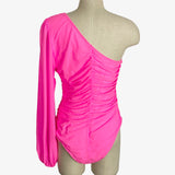 Anrabess Hot Pink Mesh Overlay One Sleeve with Ruched Back Bodysuit NWT- Size XL