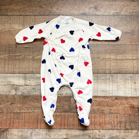 Petit Bateau Cream with Blue and Red Hearts Side Snap Wrap Footie Outfit- Size 12M (see notes)