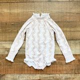 Sun House Children's Yellow/Orange/Purple Floral Pattern Stripes Smocked Ruffle Long Sleeve One Piece- Size 4