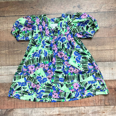 Hunter Bell Bright Green with Blue/Lilac Flowers Pleated with Front Buttons Dress NWT- Size 4