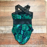 Hilor Black Palm Print Mesh Front Crossover Straps Padded One Piece- Size S