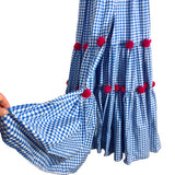 Sundress Blue Gingham with Pink Poms and Front Slit Tie Straps Smocked Pippa Dress NWT- Size M/L