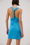 Misha Marina Blue Satin with Draped Neckline and Back Twist Detail Calypso Dress NWT- Size M